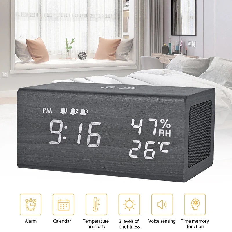 New Wooden Digital Alarm Clock Bluetooth Speaker with Wireless Charging Led Temperature Humidity Display Sound Control Function