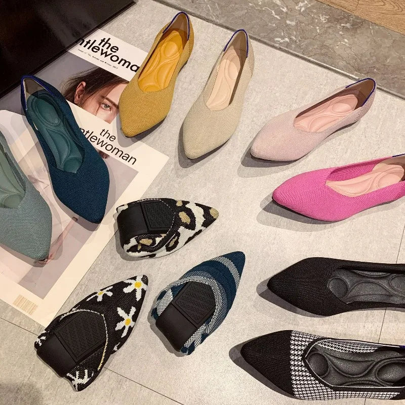Women's Shoes Breathable Flat Shoes Fashion Soft Sole Knitted Shoes Elastic Comfortable Loafers Pointed Toe Slip on Casual Shoe