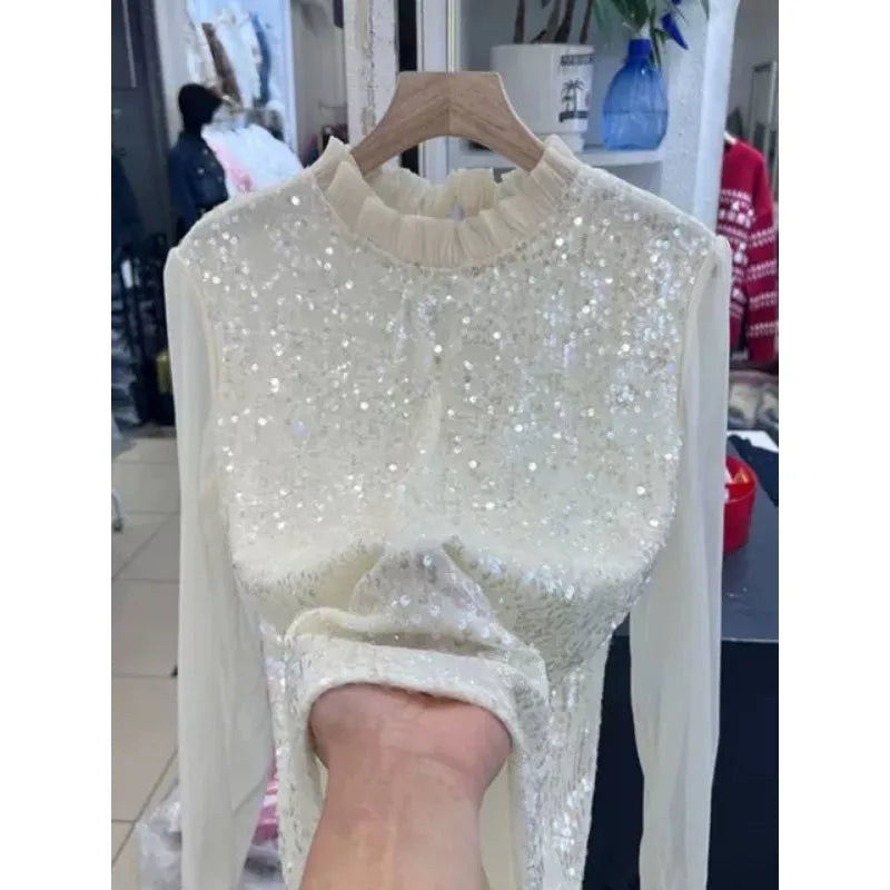Ruffled Chiffon Spliced Sequins Long-sleeved T-shirt for Women 2025 Early Spring New French Chic and Elegant Top