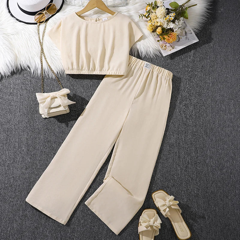 Kids Clothes Sets For Girls O-Neck Fly-Sleeve Elastic-Waist Two-Pieces Set 8-12 Years Summer Basic Korean Style Tracksuit