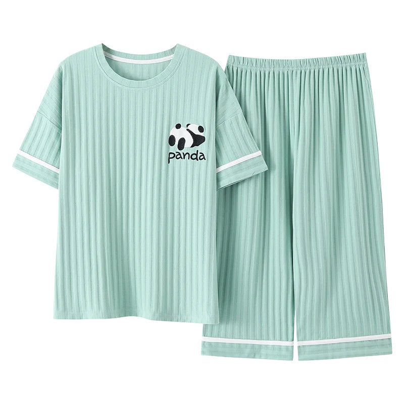 Animal Panda Women Pajamas Sets Summer Knit Cotton Sleepwear Short Sleeve Cropped Trousers Pyjamas Female Home Suit M-5XL