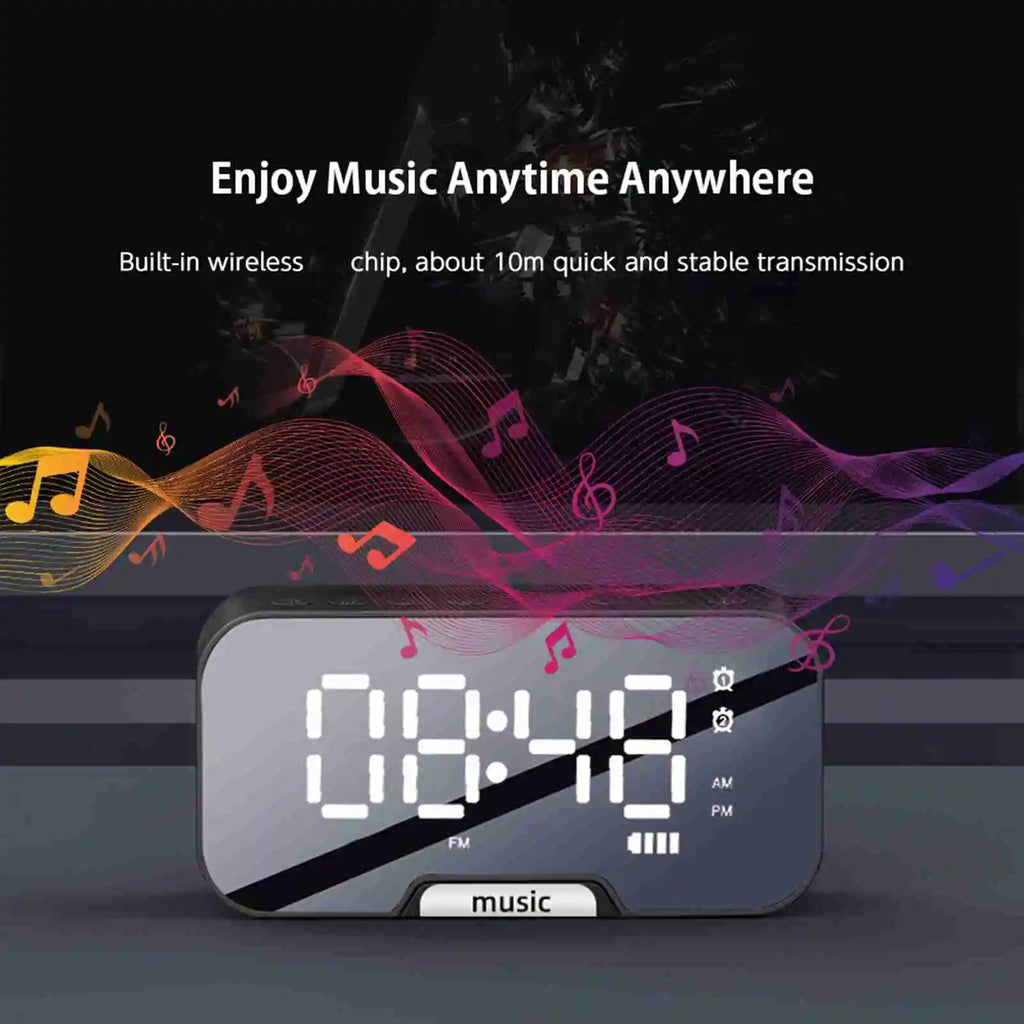 Digital Mirror Surface Alarm Clock with BT Speaker FM Radio Dual Alarms Electronic Desktop Clock Rechargeable Portable Player