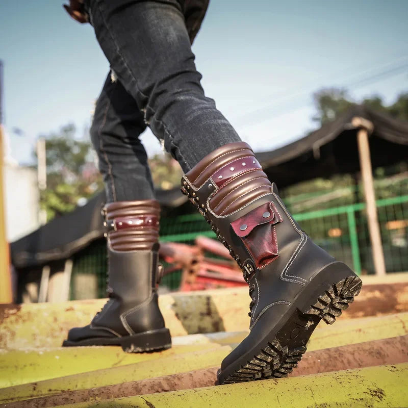 Men Knee High Leather Boots Winter Male Motorcycle Boots Gothic Punk Shoes Mens Outdoor Military Casual Tooling Boots Man