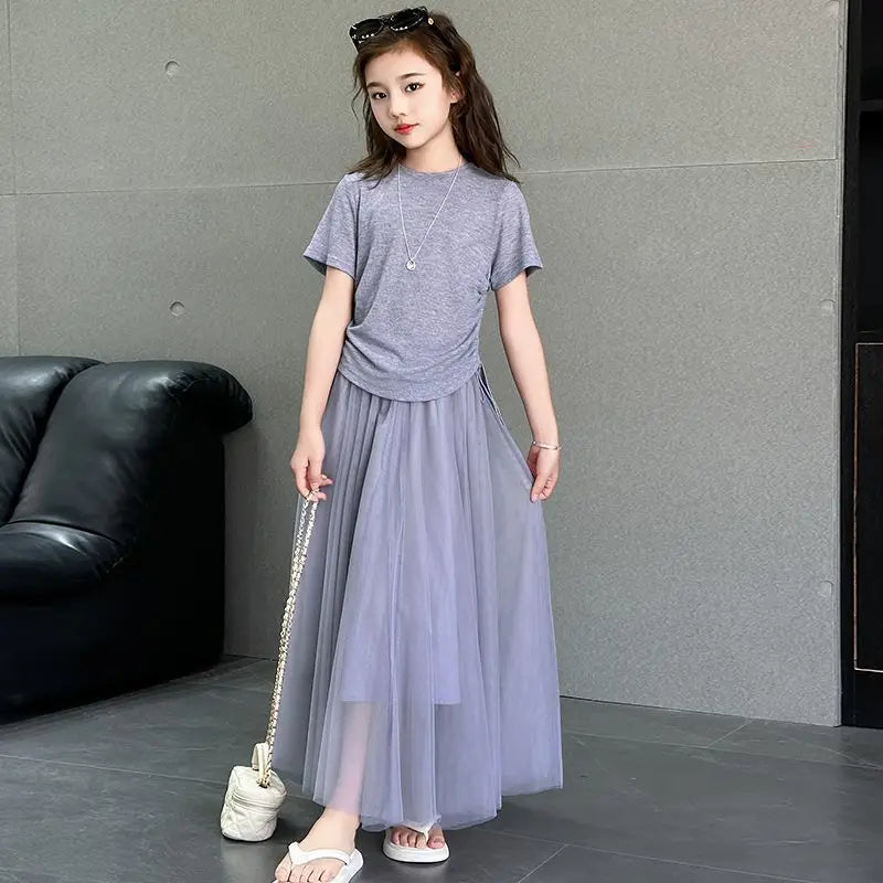 Children's Costume Girls Clothes 11 To 12 Years Old Sets Summer Suits Child Set Fashion Outfit T-shirts Home Clothing Girl Dress