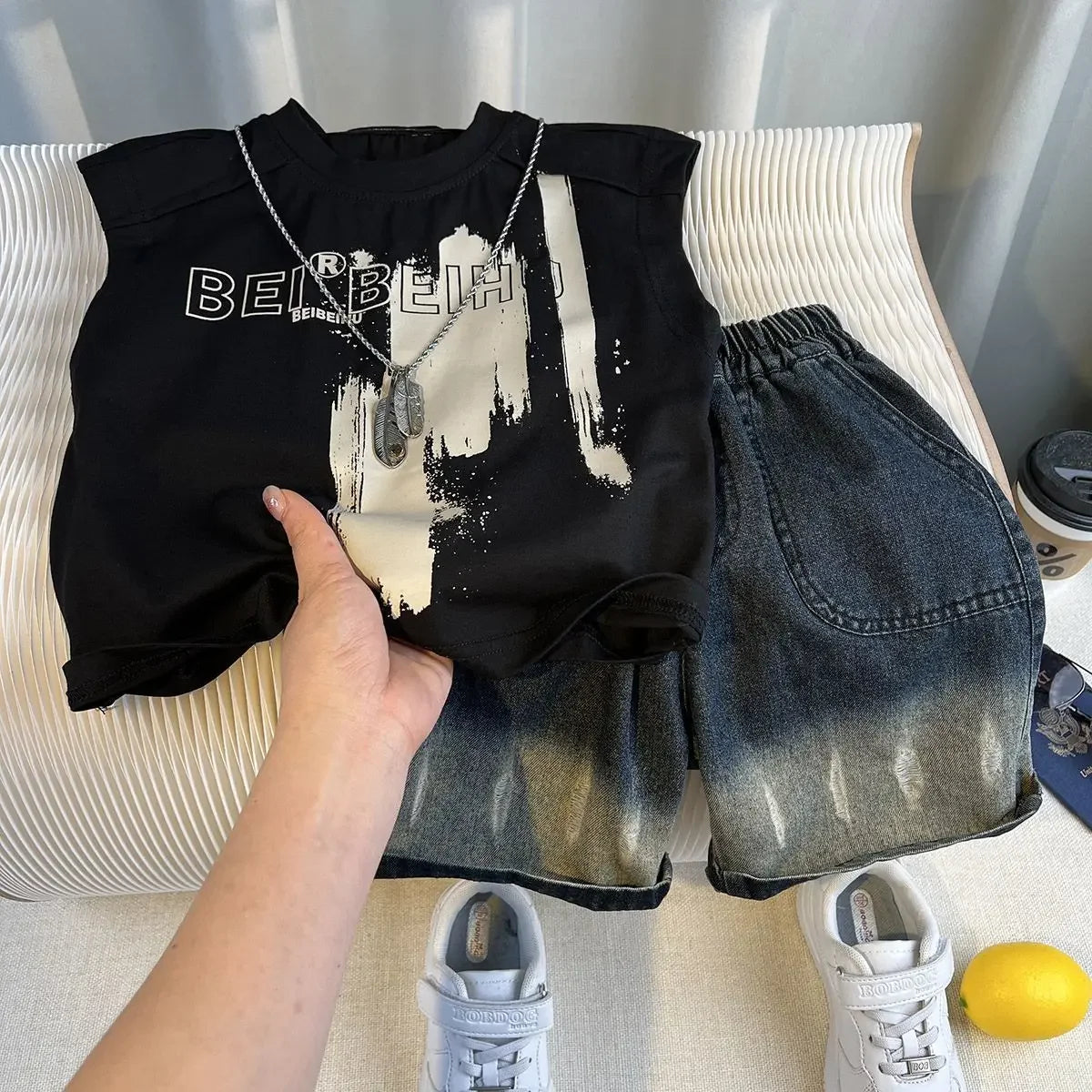 Kids Clothing 2pcs Sets Boys Grey Hole Short Sleeved T-shirt+ Denim Shorts Summer Suit 2025 New  Handsome Baby Clothes