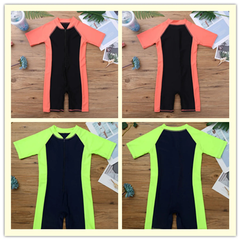 Kids Boys Girls Wetsuit Swimsuit One-piece Rash Guard Swimwear Short Sleeves Zippered Shorty Bodysuit Swimming Bathing Suit