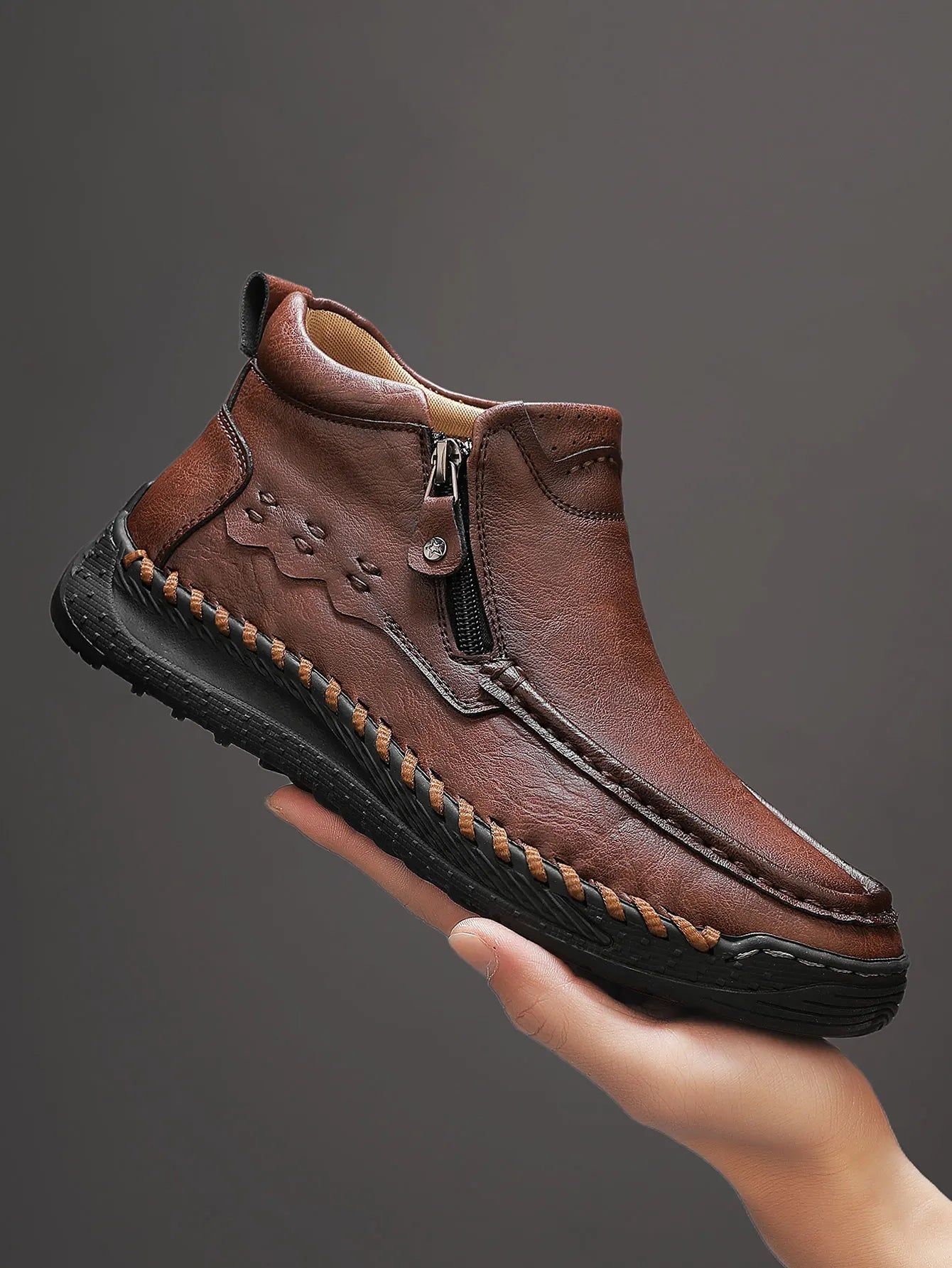 Men's New Fashionable High-Top Boots, Simple and Trendy Side-Zip Casual Sneakers, Autumn and Winter Outdoor Hiking Flat Shoes, Comfortable, Breathable, Wear-Resistant, Non-Slip, Large Size Men's Shoes