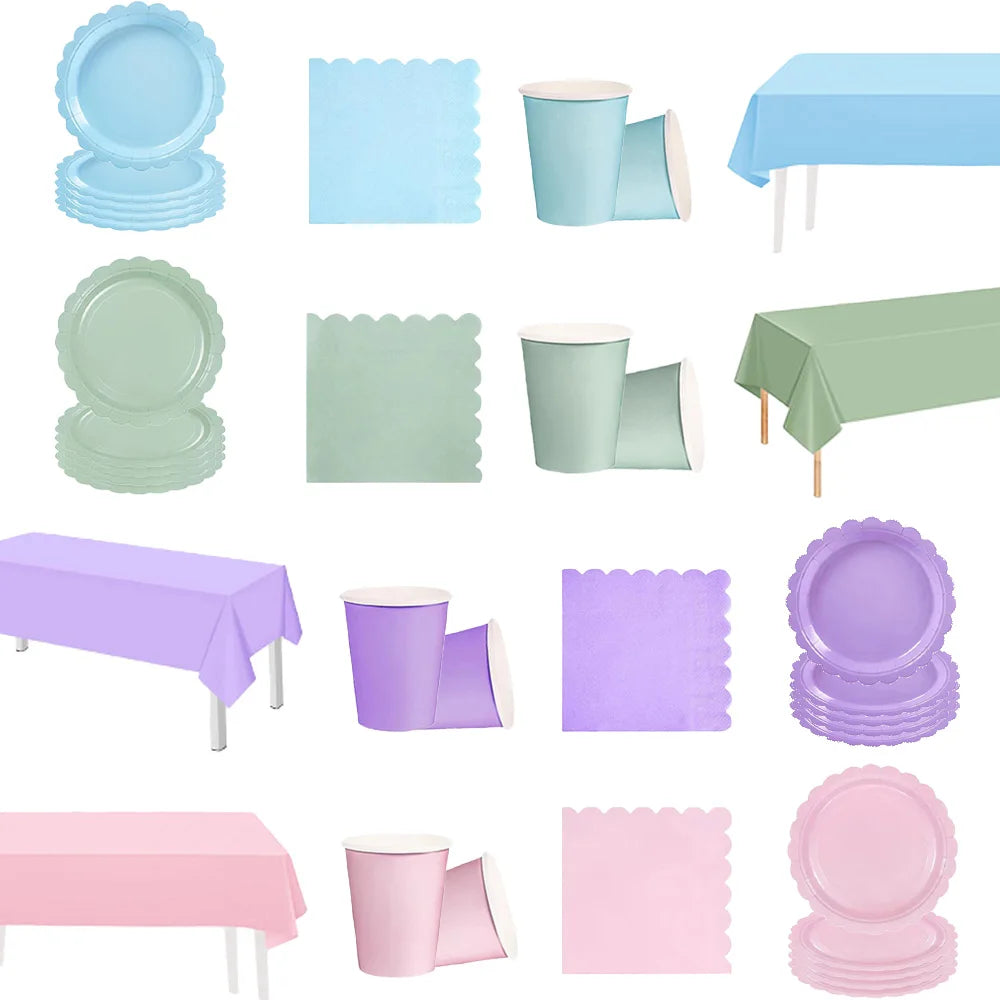 Solid color party supplies tableware paper plates cups napkins tablecloths suitable for birthday party guests banquet baby showe
