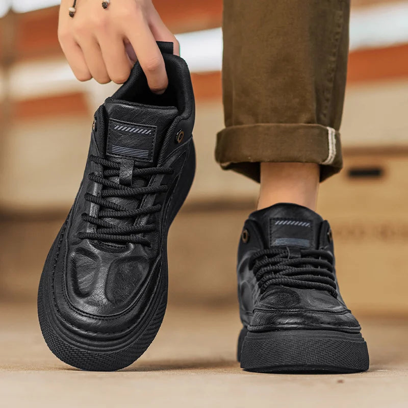 Men's Leather Boots Versatile High Top Casual Sports Shoes Trainer Outdoor Fashion Wear-resistant Running Shoes Motorcycle Boots