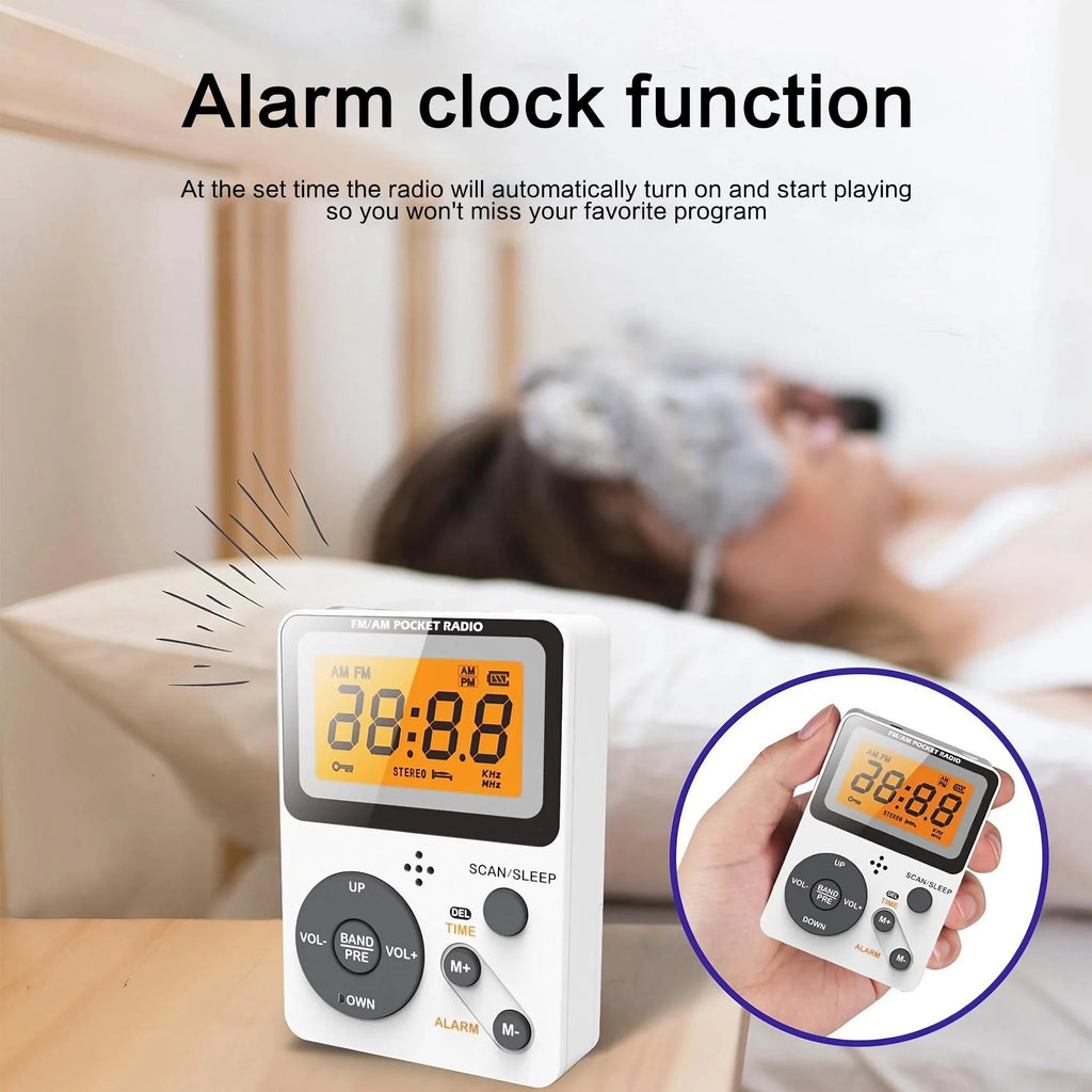 Portable AM FM Radio - Personal Pocket Radio with LCD Screen, Stereo Earphone Jack, Sleep Timer, and Alarm Clock for Outdoor
