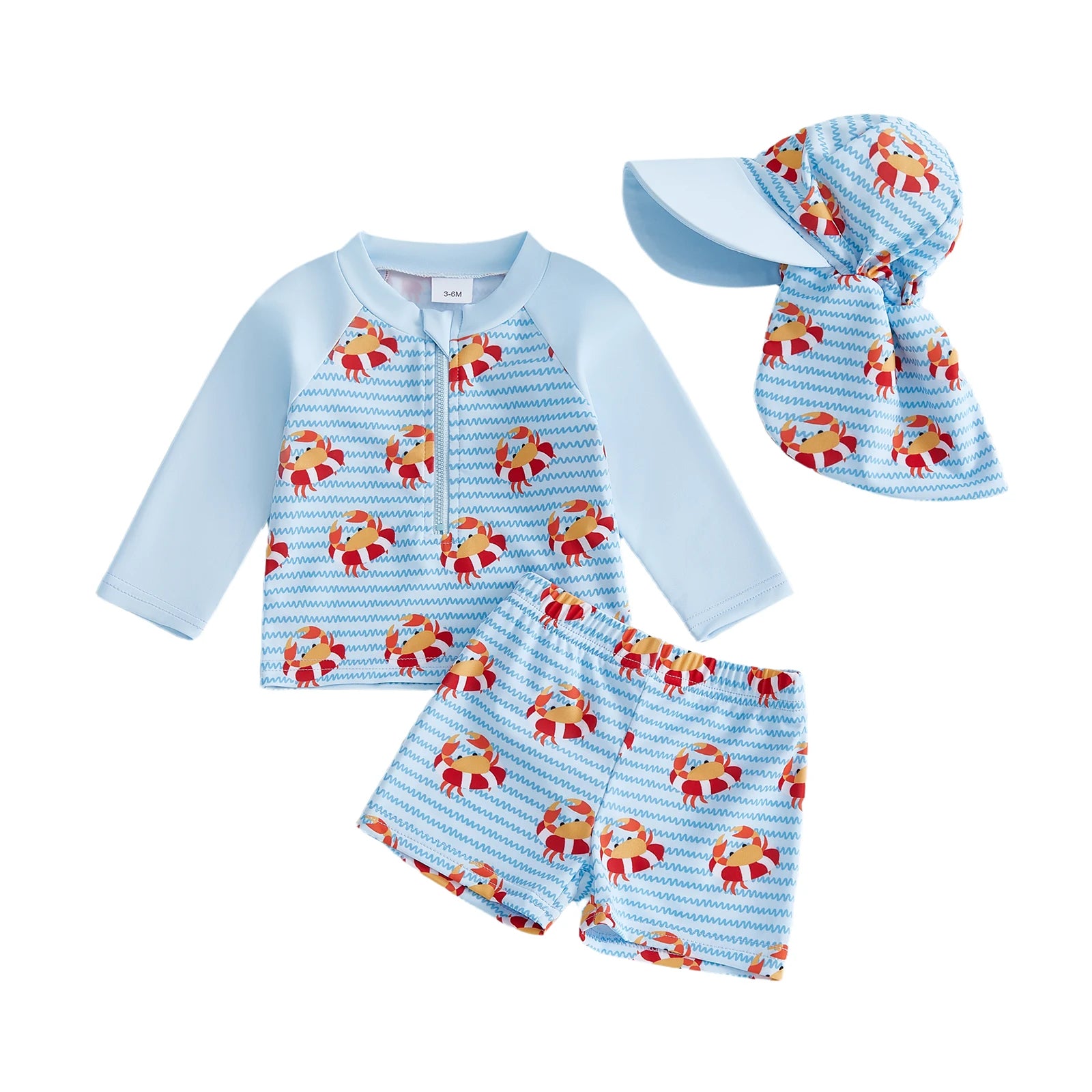 Boys' Rash Guard Set, 3 Piece Quick Dry Swimsuit Suit, Crab Print Long Sleeve Tops Swim Trunks Sun Cap Bathing Suit 0-5T