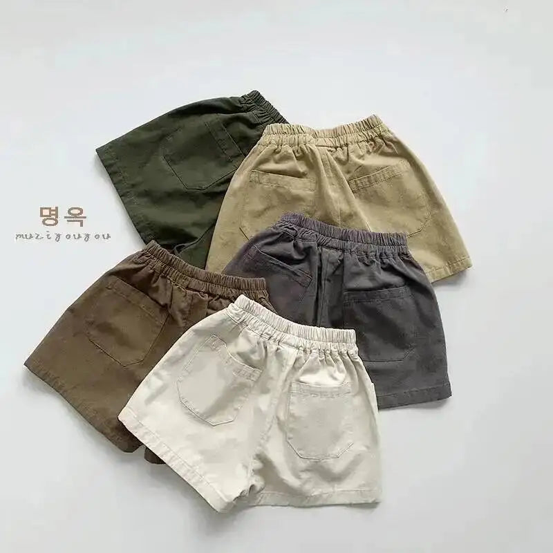 Spring Summer Children Shorts 1-8Y Boys Girls Cotton Pockets Solid Short Pants Trousers Korean Toddler Wear Bottoms Kids Clothes