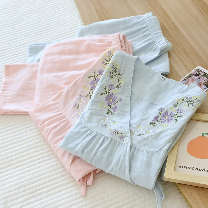 Women's Pajamas Gauze Cotton Loungewear Spring Summer V-Neck Sexy Sleepwear Embroidery Printed Trousers Pyjama Suit