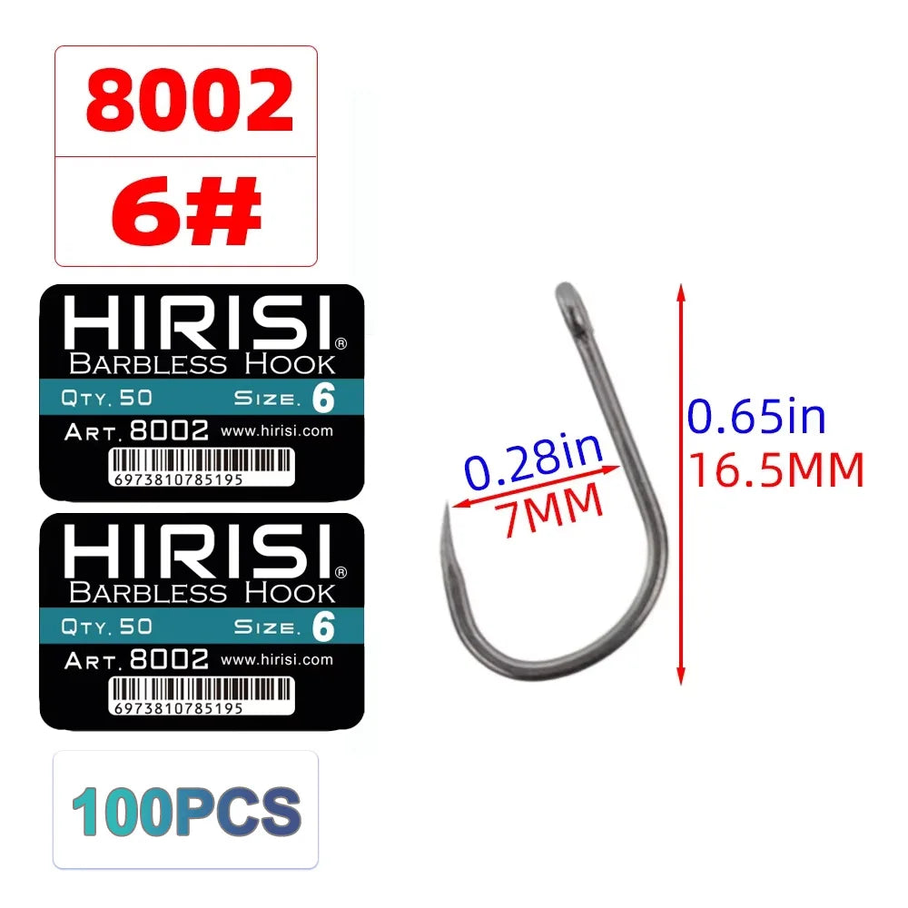 Hirisi 100pcs Barbless Fishing Hooks PTFE Coated High Carbon Steel Hook 8002 Freshwater Fishing Supplies