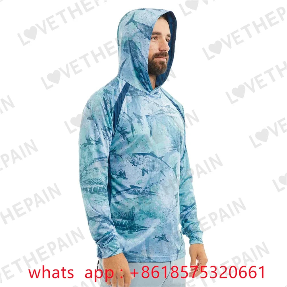 Fishing Apparel Summer Outdoor Men Long Sleeve T Shirt Fish Shirt Sun Protection Breathable Hooded Angling Clothing