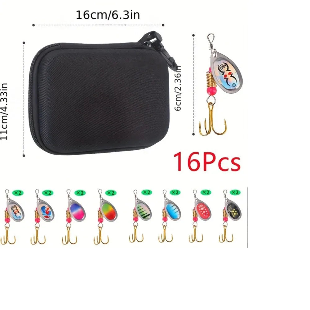 16pcs/box Metal Spoon Spinner Bait Fishing Lure Artificial Spinners Baits for Pike Bass Trout Fishing with EVA Hard Shell Bag