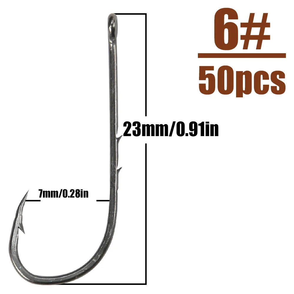 B&U 50pcs/lot Fishhooks High Carbon Steel Long And Straight Shank Barbed Fishing Hooks For Fresh And Saltwater Fishing