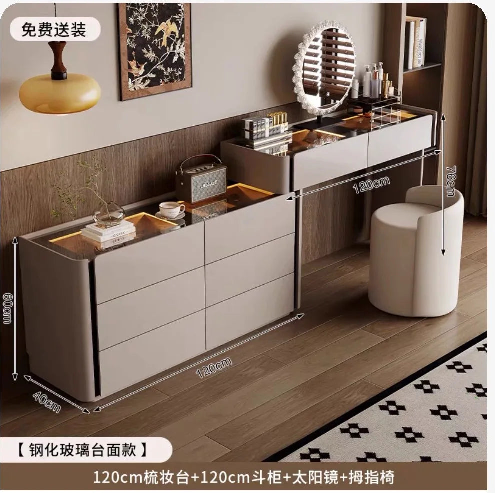 Modern Vanity Desk Dressing Vanity Table with Smart LED Mirror Luxury Makeup Set Includes Expandable Side Cabinet with 6 Drawer