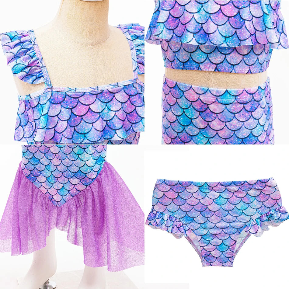 Girls Mermaid Swimsuits Summer Holiday Beach Wear Children 3 Pcs Fishtail Print Swimwear Kids Princess Quick Drying Sets 2-8 Yrs
