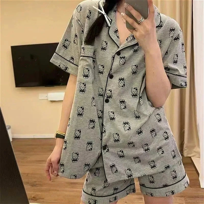 Hello Kitty Girls Cute Pajamas Sets Loose Nightgown Cartoon Soft Short Sleeve Tops Shorts Sweet Women's Clothes Sleepwear Summer