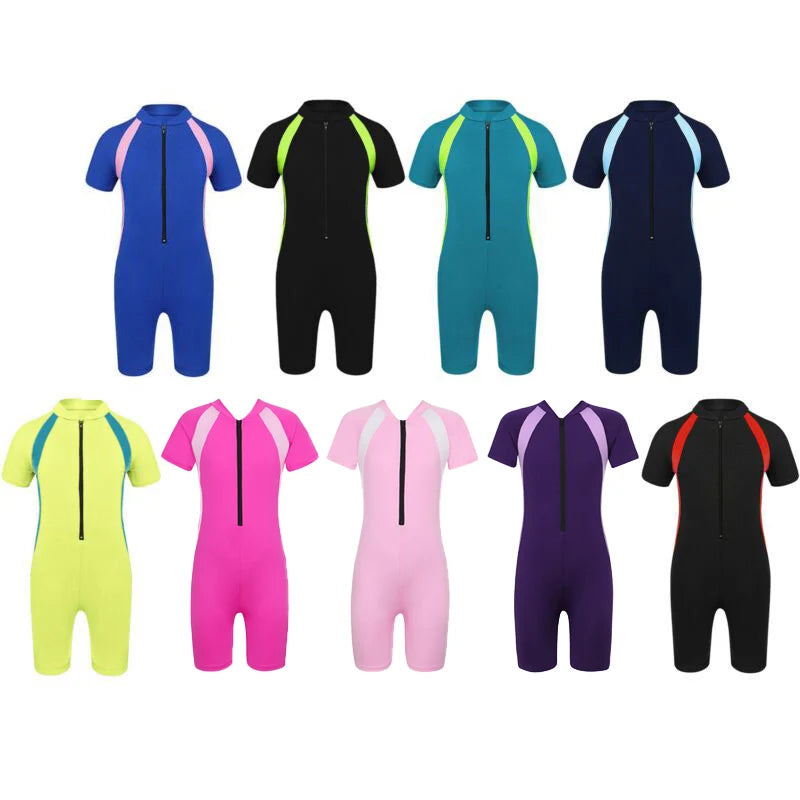 Kids Girls Boys Rash Guard One-piece Swimsuit Short Sleeves Zippered Shorty Wetsuit Swimwear Pool Beach Surfing Bathing Suit