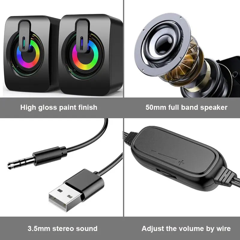 HIFI Stereo Usb wired Speaker PC Speakers USB Wired Caixa De Som with RGB Lights Volume Control 3.5mm AUX-in Desk Audio System