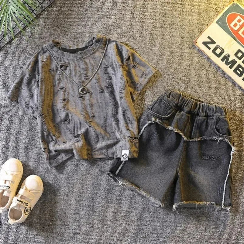 Kids Clothing 2pcs Sets Boys Grey Hole Short Sleeved T-shirt+ Denim Shorts Summer Suit 2025 New  Handsome Baby Clothes