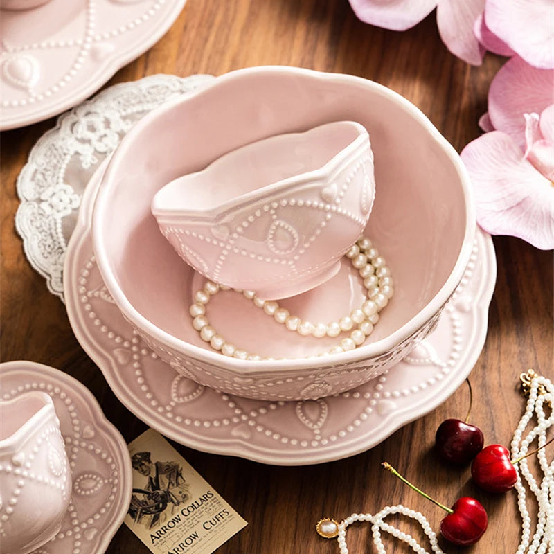 Pink Plate Set Retro Embossed Ceramic Dishes Cup and Saucer Breakfast Milk Mug Soup Plate Kitchen Tableware Housewarming Gift