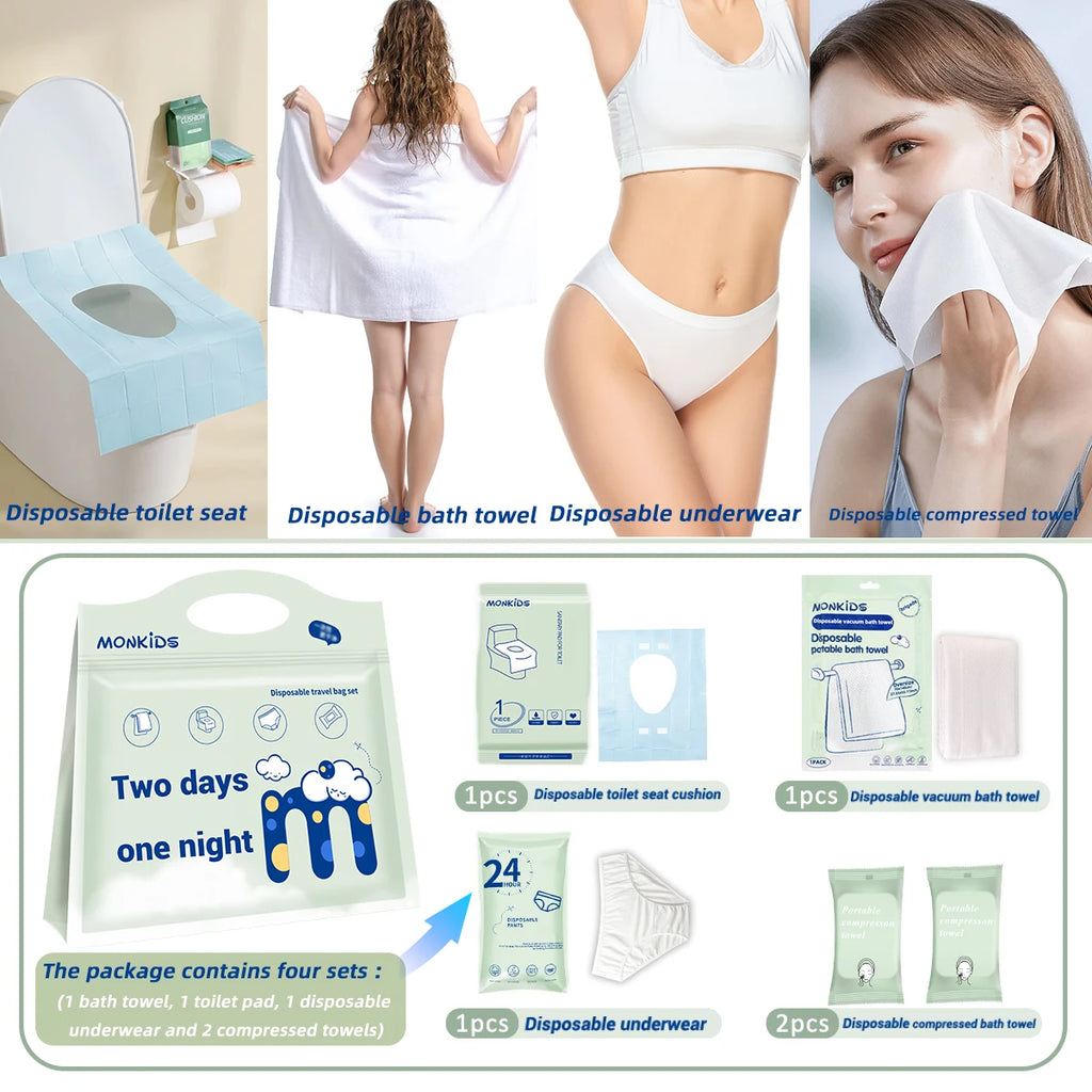 1 pack of two-day and one-night disposable bath towels, washcloths, underwear sets, travel portable daily necessities.