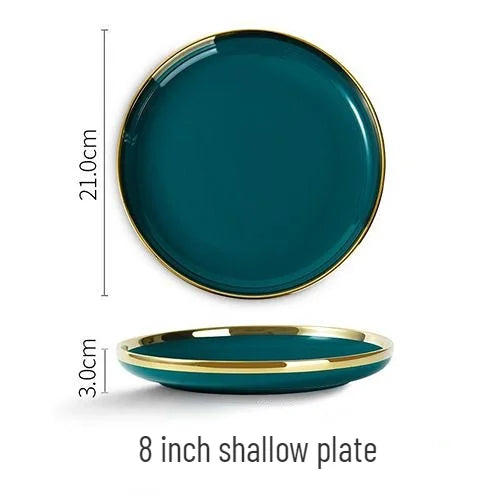 Gold Edging Green Porcelain Plates Food Dinner Set Dishes Salad Soup Bowl Ceramic Plates Bowls Luxurious Tableware Set