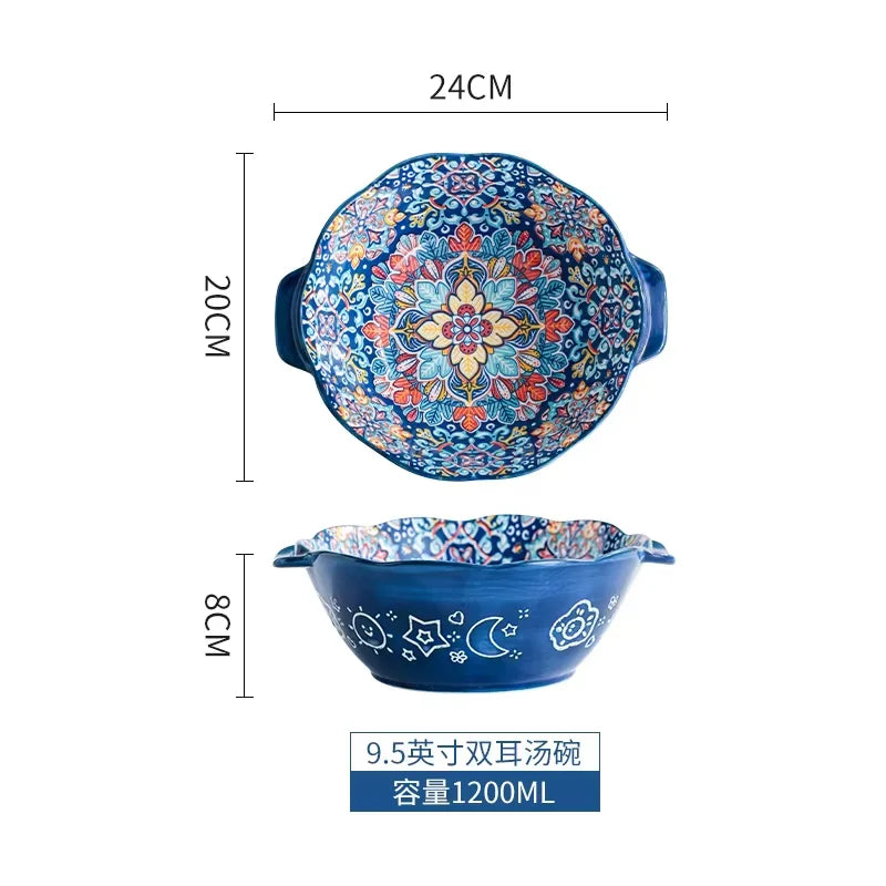Bohemia Ceramic Rice Bowl Serving Plate Creative Ceramic Cutlery Soup Noodle Bowl Household Handle Bowl Sauce Dish