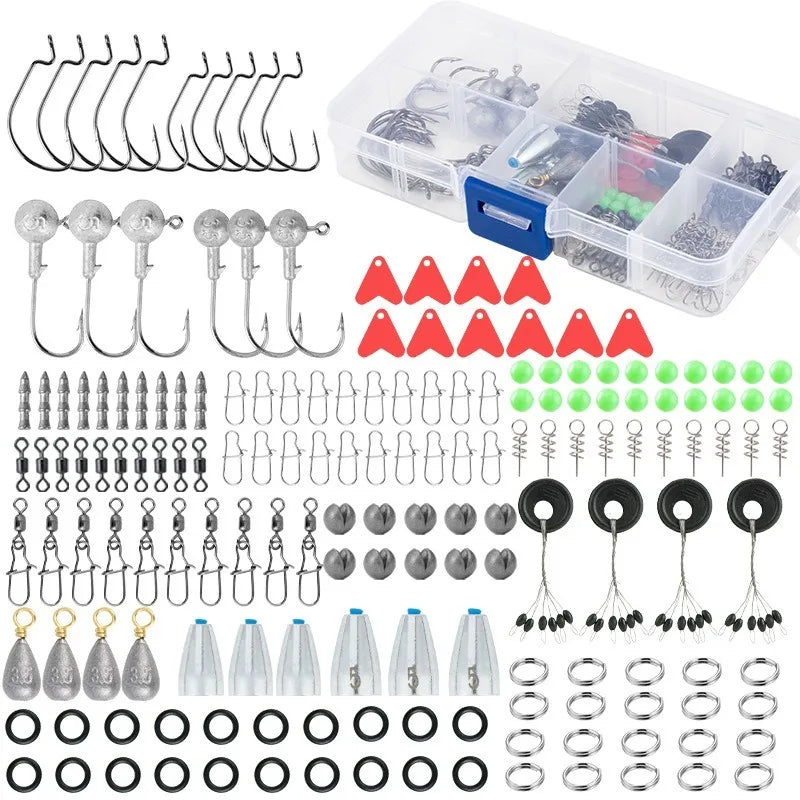 170PCS Saltwater Fishing Tackle Kit: Complete Set with Strong Hooks, Texas Rigs, Drop Shot Rigs & Portable Box for Offshore