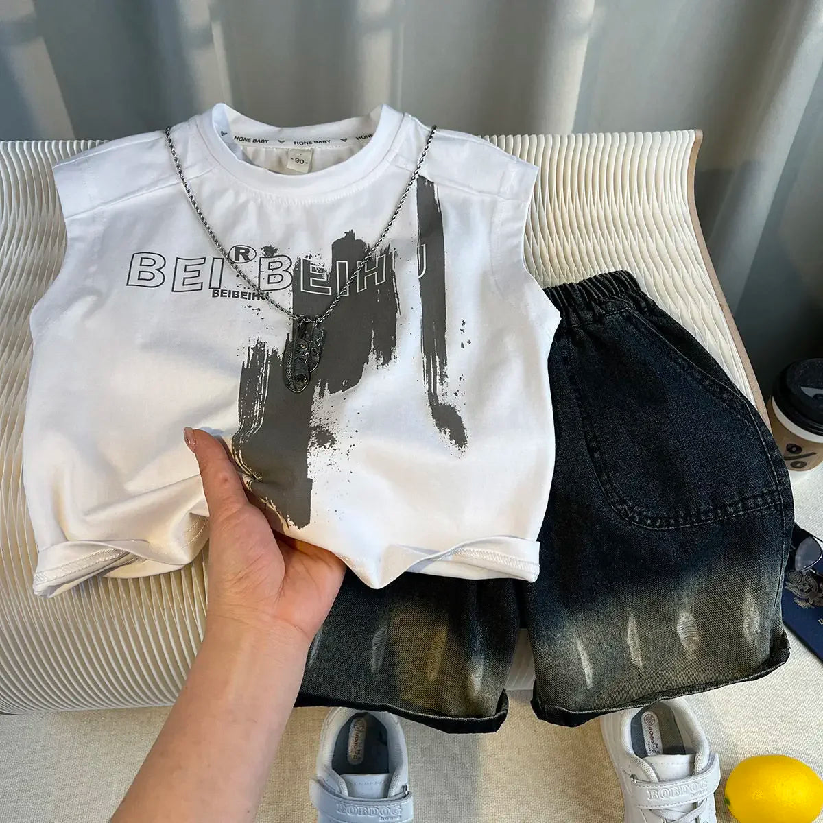 Kids Clothing 2pcs Sets Boys Grey Hole Short Sleeved T-shirt+ Denim Shorts Summer Suit 2025 New  Handsome Baby Clothes