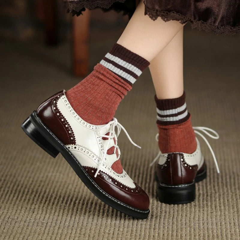 Oxford Shoes Women Split leather Shoes for Women Spring/Autumn Women Loafers Summer Brogues Vintage Lace-up Shoes Women Pumps