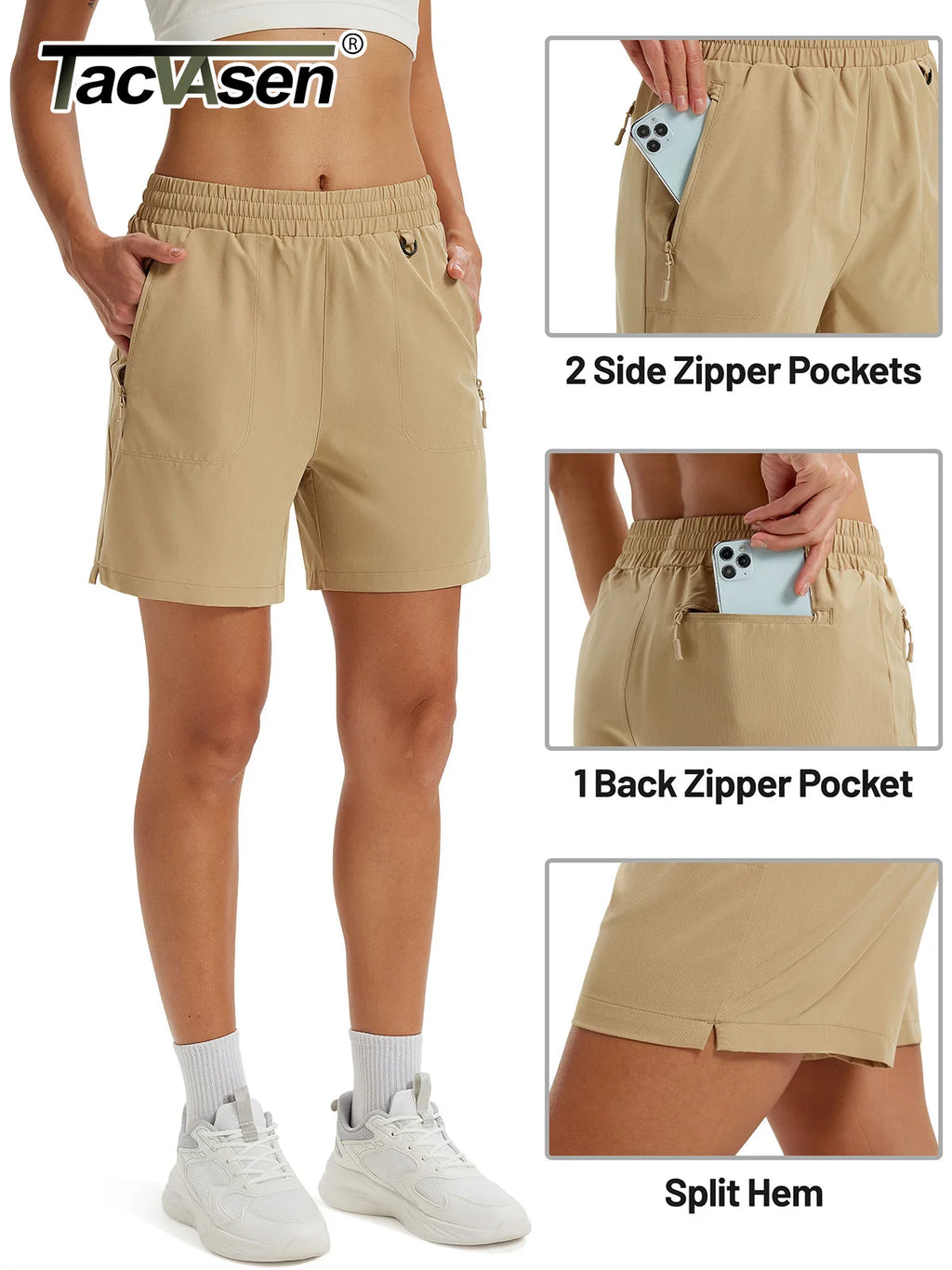 TACVASEN Women's Quick Dry D-ring Hook Hiking Shorts Elastic Waist Cargo Shorts with Zipper Pockets Summer Golf Travel Shorts