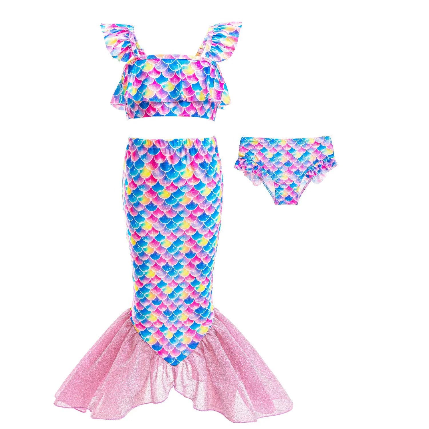 Girls Mermaid Swimsuits Summer Holiday Beach Wear Children 3 Pcs Fishtail Print Swimwear Kids Princess Quick Drying Sets 2-8 Yrs