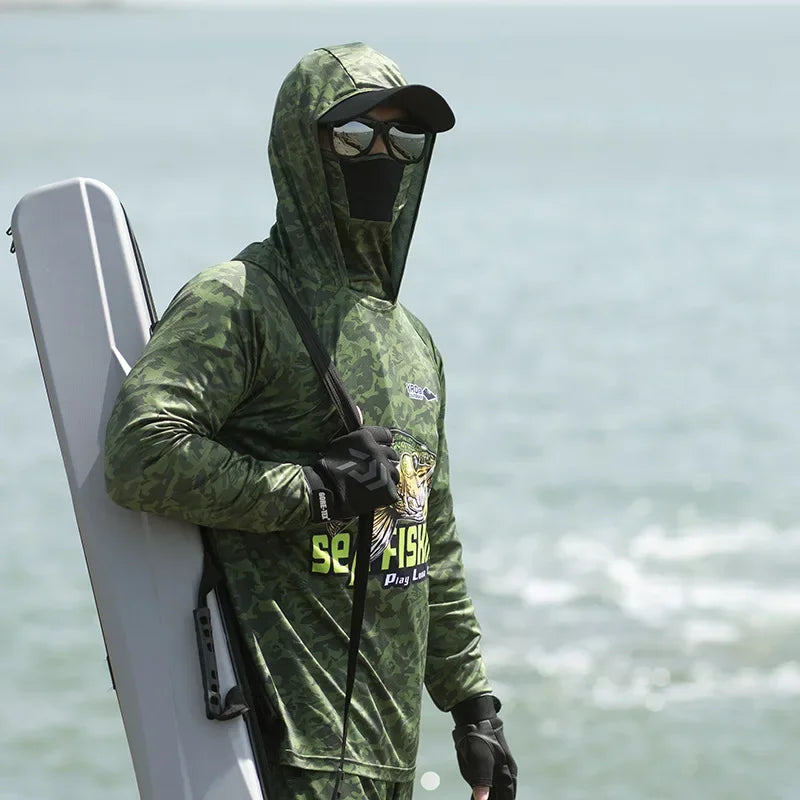 Camouflage Hooded Fishing Clothing Fishing Pants Summer Ice Silk Quick Dry Sun Protection Clothes Outdoor Fishing Shirt Jerseys