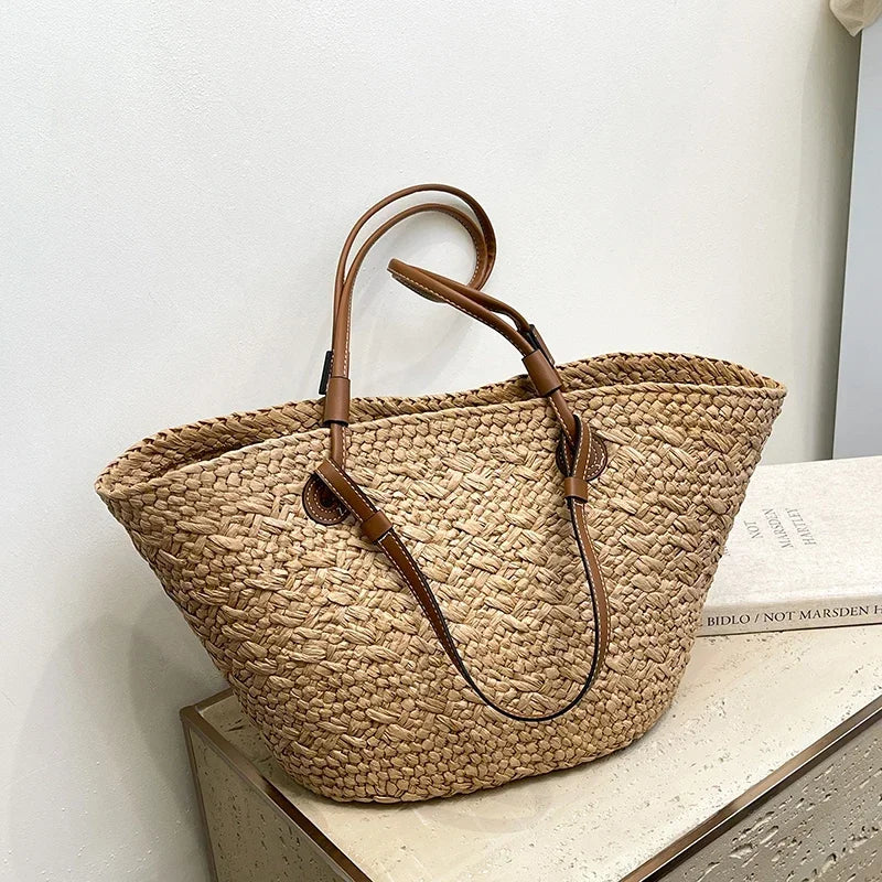 Rattan Large Capacity Casual Tote Bag Designer Wicker Woven Women Handbags Summer Beach Straw Bag Lady Travel Big Basket Purses