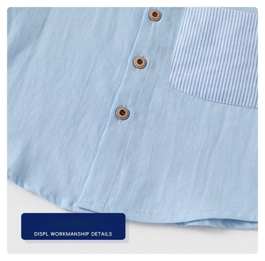 2026 Summer 2T-6T Korean Childrens Clothing Blue and White Striped Pattern Shirt for Boys kids Stand Collar Shirt
