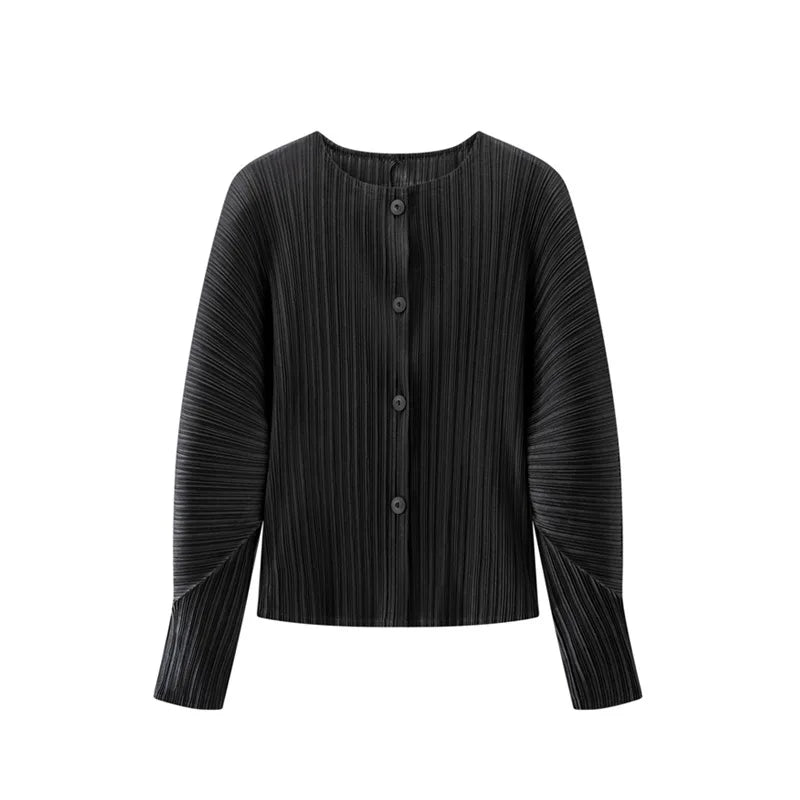 Miyake Pleated Solid Color Round Neck Cardigan Short Jacket for Women Long Sleeve Spring 2025 New Fashionable Age-reducing Top