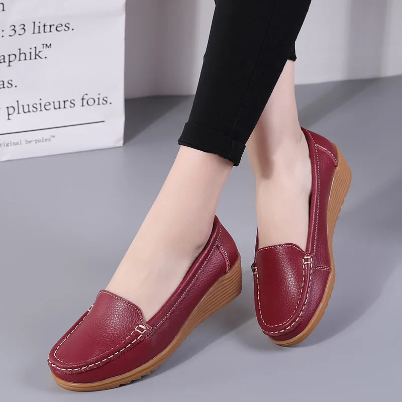 Women Shoes for Work Wedge Low Heels Casual Shoes Woman Slip-on Spring Autumn Genuine Leather Comfortable Female Shoes WSH2693