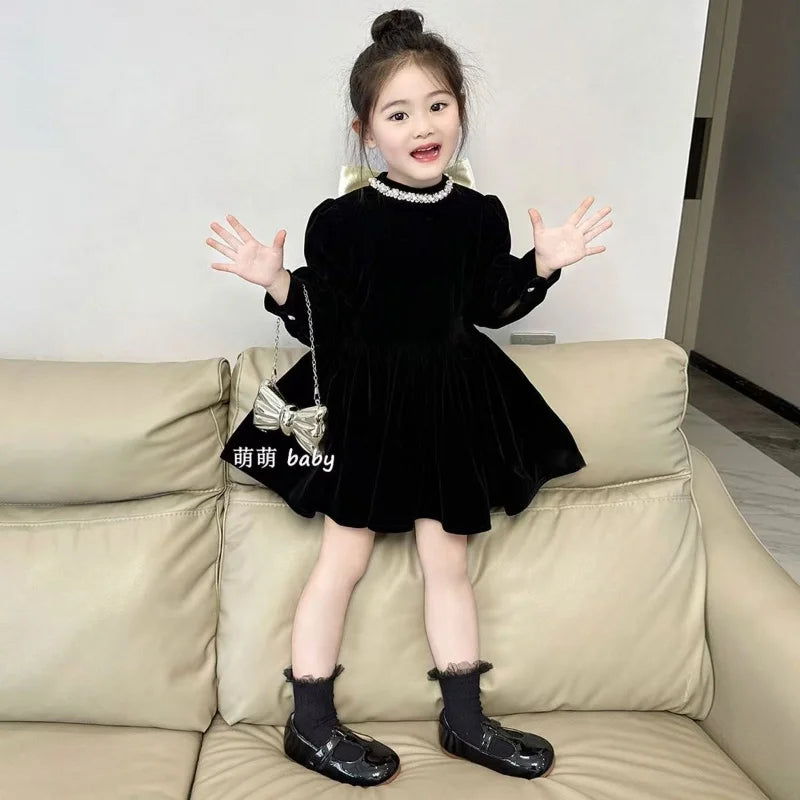 2-7Y Korean Childrens Clothing 2025 Autumn New Black Bow Velvet Dress Girl Princess Dress Girls clothes kids Clothes