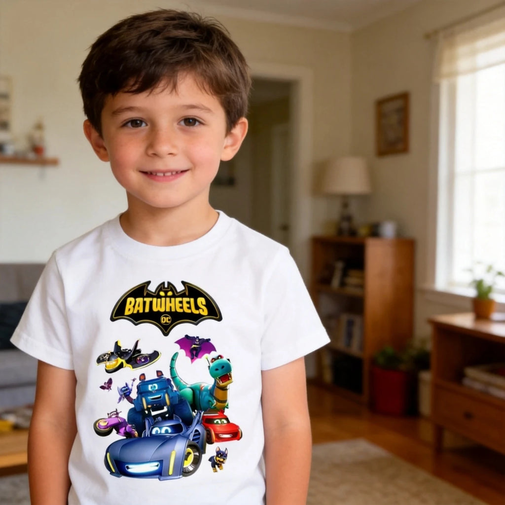 Funny Batwheels Short Sleeve Kids Clothing T-Shirts Summer Children Tops Cartoon Casual Tees Cotton Boys Girls Clothes3057