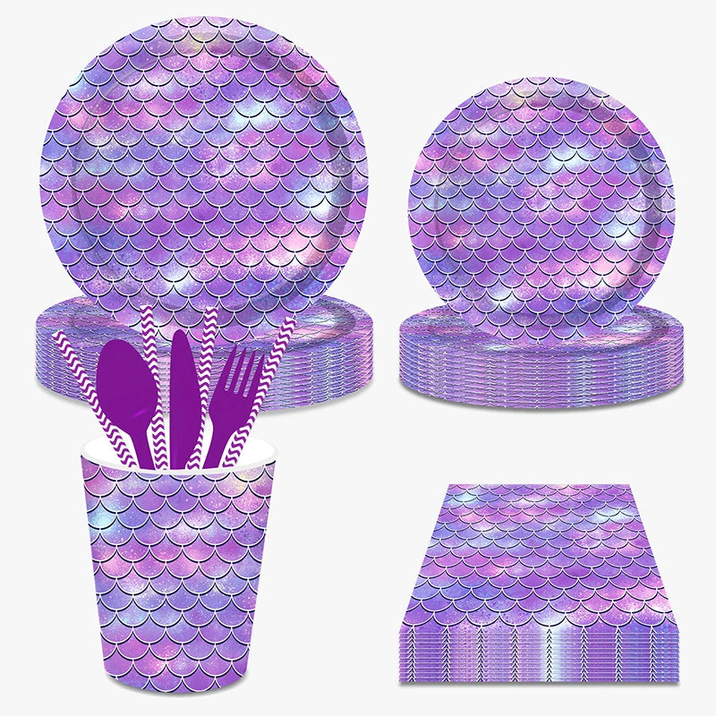 Mermaid Themed Party Disposable Tableware Purple Paper Plate Cup Knife Fork Spoon Girls Birthday Party Supplie Baby Shower Decor