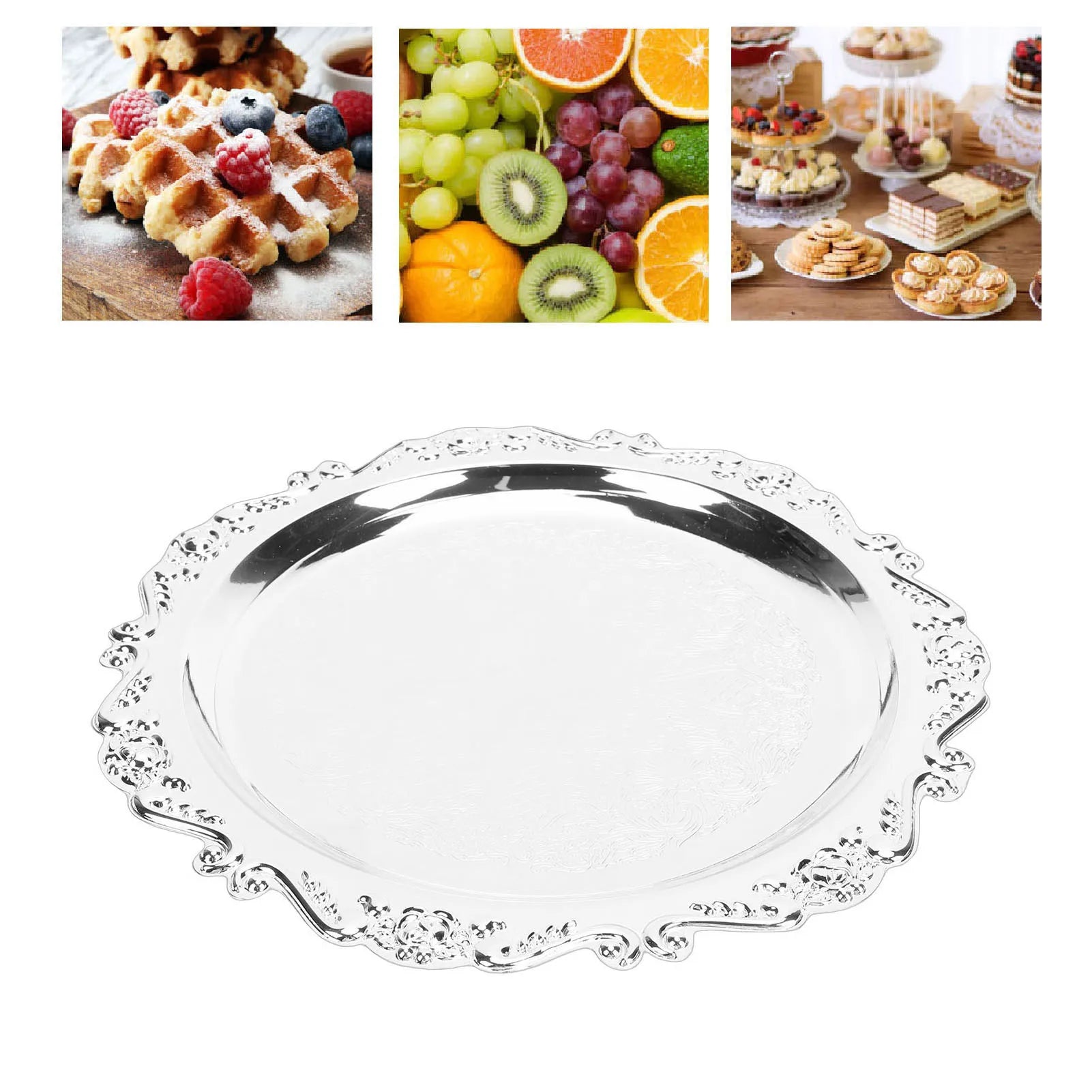 20/25cm Floral Engraved Serving Platter Retro Plates Cake Dessert Tray High Tea Snack Fruit Dish Jewelry Storage Tabletop Decor