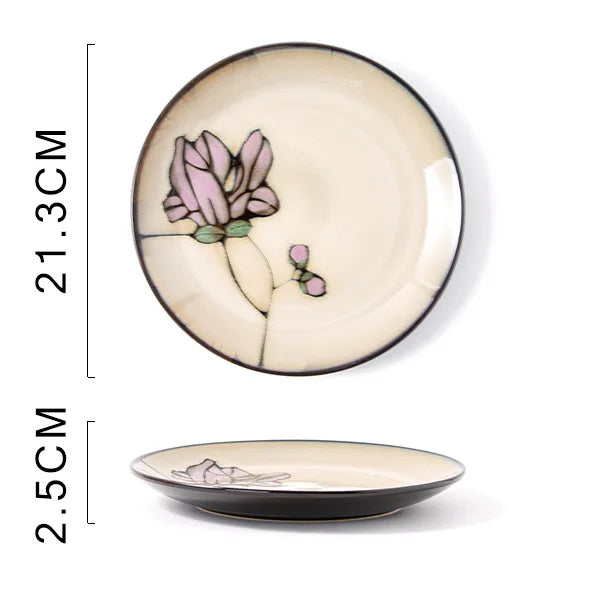 Ceramic hand-painted flowers creative dish plate Japanese tableware household fish plate round fruit plate kiln change rice bowl
