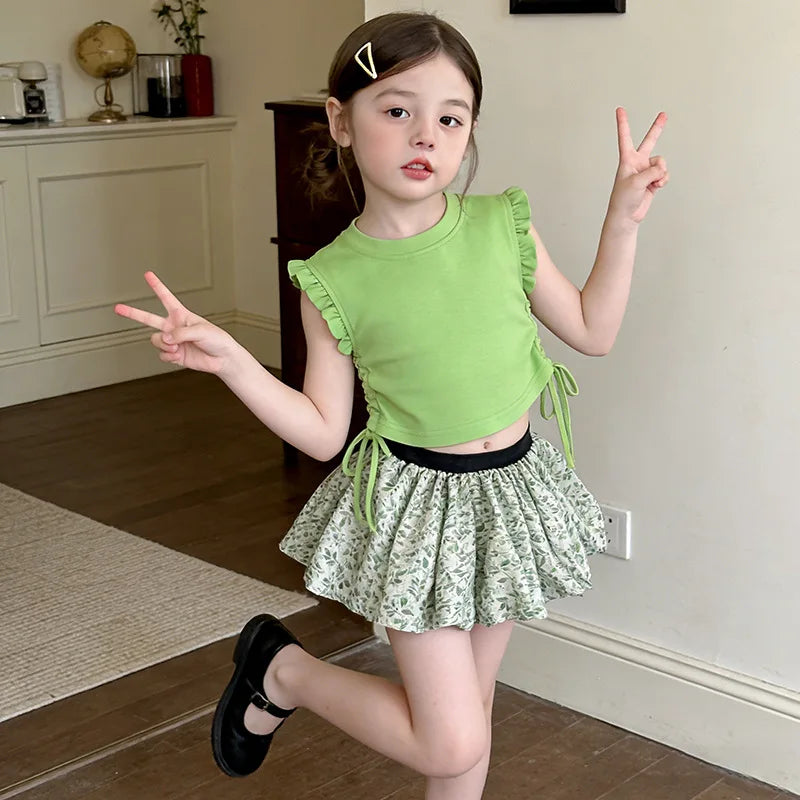 Kids Girls Summer Clothes Sets Fashionable Lace T-shirt + Floral Skirt Pants Children Clothing Baby 2pcs Sets Kids Clothes Girls