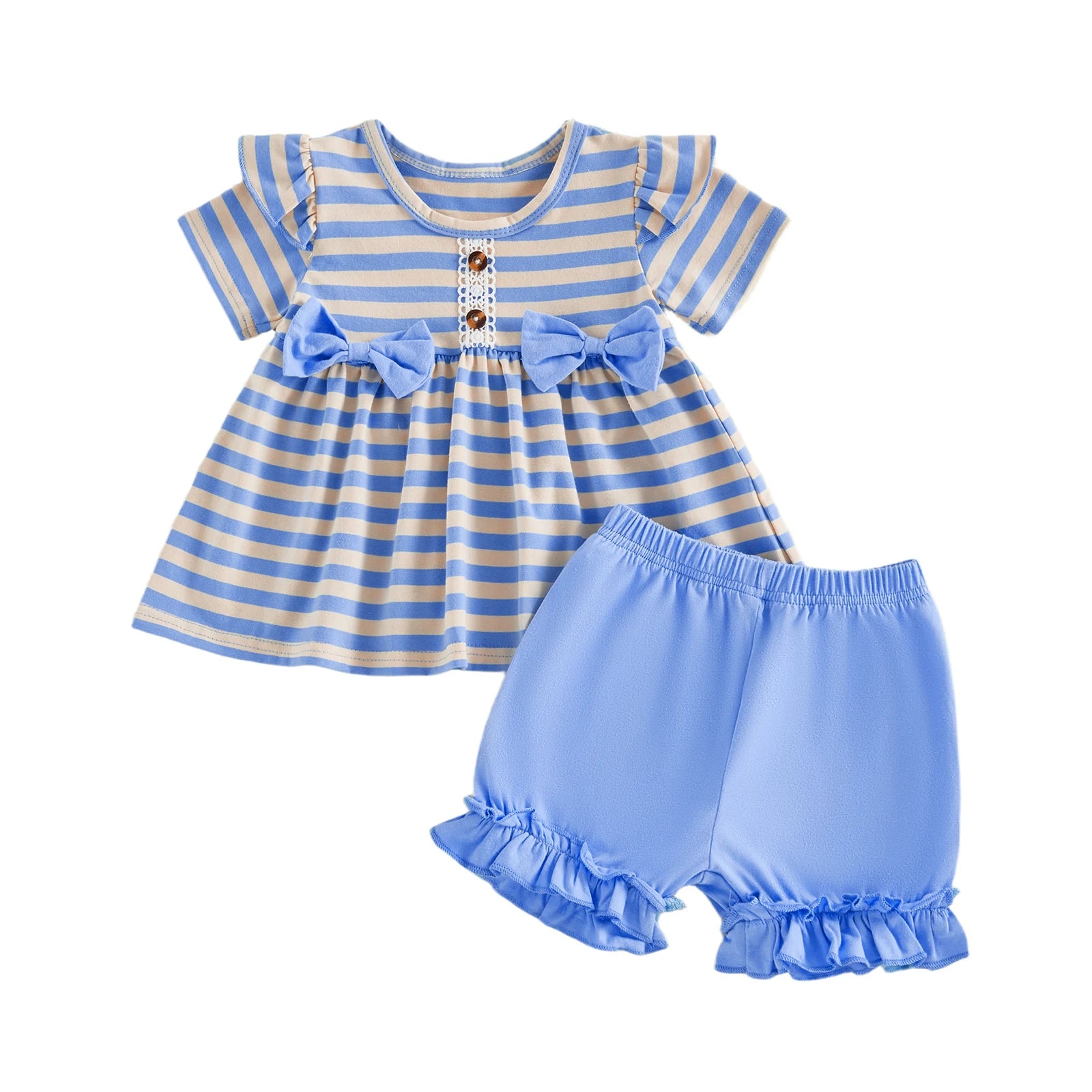 Kids Girls Summer Clothing Sets Short Sleeve Crew Neck Striped Bowknot T-shirts with Ruffles Shorts Holiday Casual Outfits