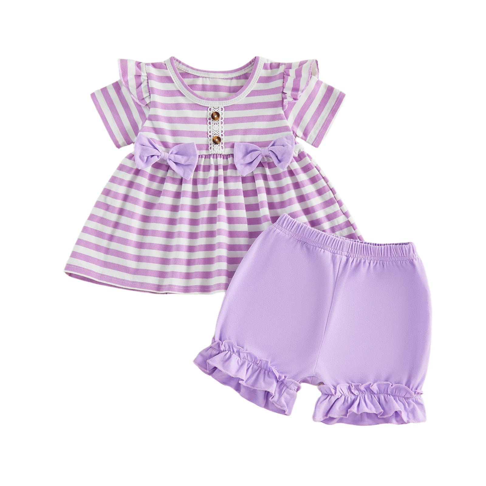 Kids Girls Summer Clothing Sets Short Sleeve Crew Neck Striped Bowknot T-shirts with Ruffles Shorts Holiday Casual Outfits