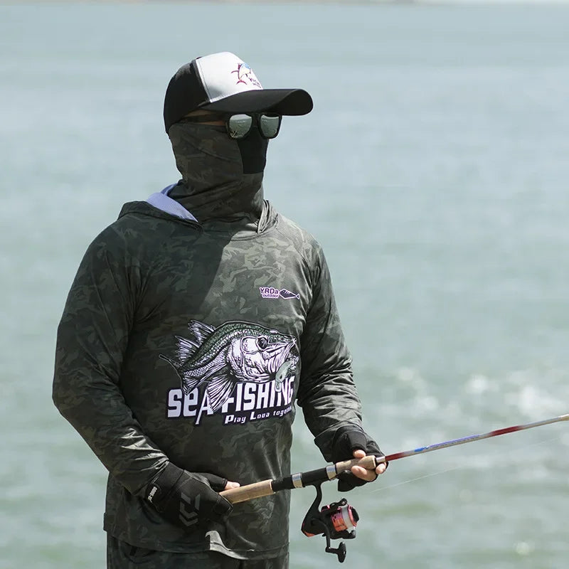 Camouflage Hooded Fishing Clothing Fishing Pants Summer Ice Silk Quick Dry Sun Protection Clothes Outdoor Fishing Shirt Jerseys